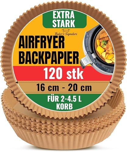 Backpapier für Heißluftfritteuse – 125 Stück, rund, 16 cm – für Ninja, Philips, Tefal und mehr – Einweg Airfryer Backpapier, zum Backen, Rösten, Kochen – Leichte Reinigung von Baker's Signature