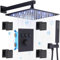 Delnet Concealed Shower Mixer Set Black Thermostatic 12 Inch Wall Mounted LED Rain Shower System with Body Jets, Can Run Simultaneously