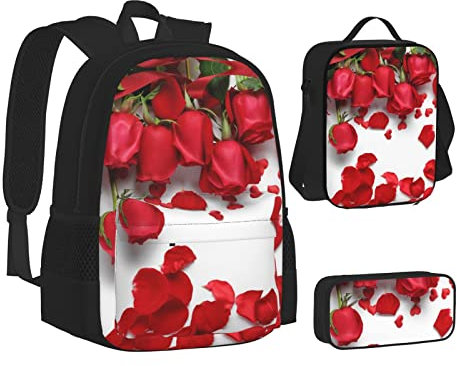 Zaini scolastici per ragazze adolescenti ragazzi petali di rosa rossa zaino scuola bookbags set pranzo borsa matita caso, Petali di rosa rossa, One Size