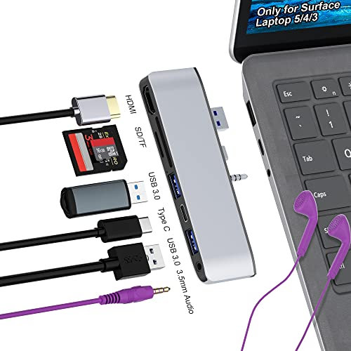 Hub Adapter for Surface Laptop 5/Laptop 4 /Laptop 3, Surface Laptop 5 USB Hub with 4K HDMI+USB 3.0+Type C 2.0+SD/TF Slot+3.5mm Audio Port, USB Adapter for Surface Laptop Go/Laptop 5/4/3
