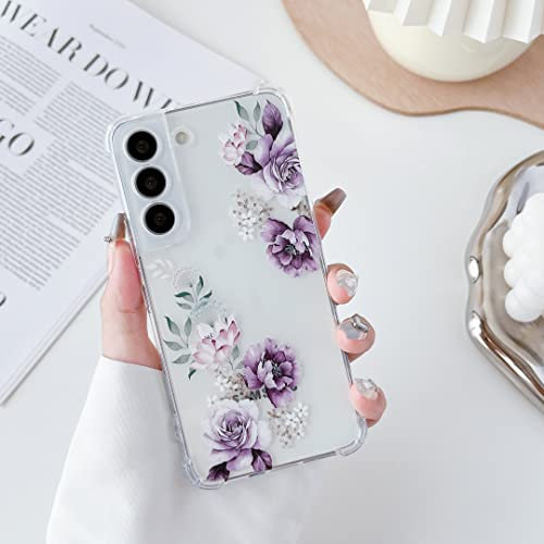 DEFBSC Weiche Hülle Kompatibel mit Samsung Galaxy S22 Plus, Transparent Florale Blumen Muster Design für Mädchen Klar TPU Dünne Stoßfest Kratzfestes Handyhülle Schutzhülle - Lila Pfingstrose
