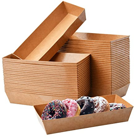 50 Stück Einweggeschirr Snackschalen aus Papier, Essenstablett Servierschale aus Kraftpapier für Partys, Wasserdicht Pappschalen Braun, Fingerfood Schälchen für Salat Sushi Pommes (13,8 x 7 x 3,5 cm)