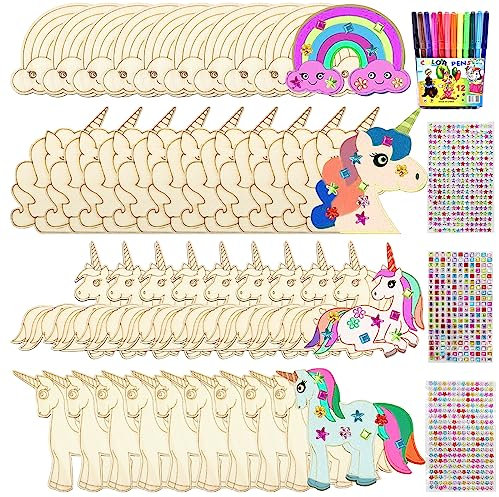Einhorn Bastelset, 55 Stück Einhorn Basteln, Einhorn Pferde Bastelset, Pferde Basteln, Holz Basteln Kinder, Basteln Kindergeburtstag Holz Bastelset mit 12 Buntstifte und 3 Diamantaufklebern