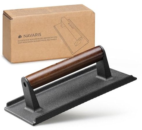 Navaris Prensa Hamburguesas de Hierro Fundido - Plancha de Cocina Rectangular con Relieve y Mango Antideslizante - Accesorios Smasher Aplastador de Hamburguesa para Barbacoa