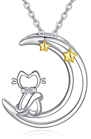 REDSUN Mond Katze Halskette 925 Sterling Silber Mondsichel Halskette Schmuck Stern und Mond Halskette Tier Halskette Schmuck Geschenke für Frauen Mädchen Katzenliebhaber