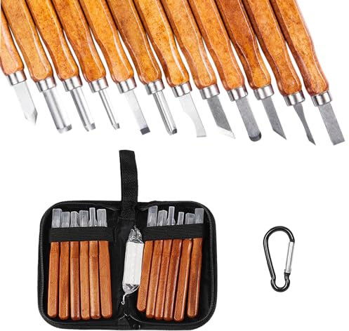 MEMOFYND Juego de 12 herramientas para tallar madera y 1 mosquetón negro, juego de manualidades para tallado de madera, frutas, verduras y tallado de cera