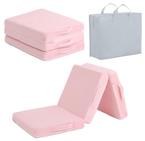 Tiita Kleinkind Faltbare Bodenmatratze, 145 x 56 x 8 cm kleine Boden Nap Matte für Schlafen Kindertagesstätte, Kinder Trifold Stuhl Futon Matratze, tragbare Baby Tri Folding Matratze, Plüsch Rosa
