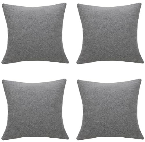 Egurs 4er Set Teddy Plüsch Kopfkissenbezug Flauschig Teddy Fleece Kissenbezug Quadratisch Deko Kissenbezüge Teddyfell Kissenhülle Einfarbig Sofakissenbezug Plüschkissen 45x45cm Grau