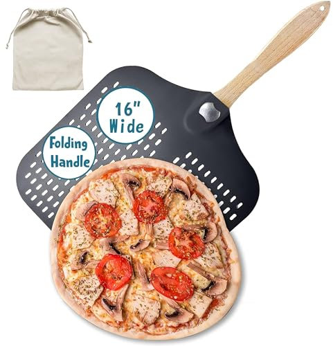 Colenza Pizzaschieber 40,6 cm, 40,6 cm B x 45,7 cm L, Aluminium-Pizzaschieber mit faltbarem Holzgriff und Aufbewahrungstasche, nicht perforiert (40,6 cm perforiert)
