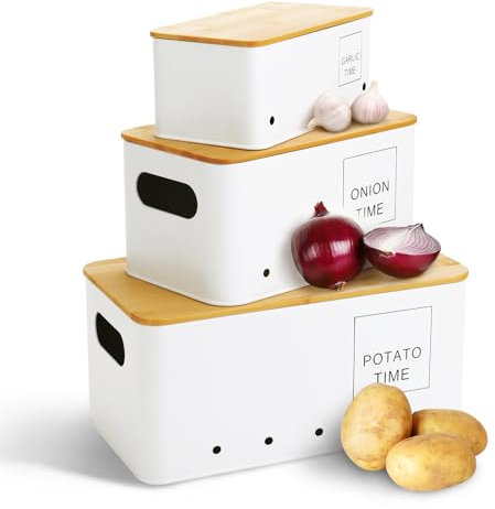 Lannvan Boite Pomme de Terre, Lot de 3 Rangement Oignons Ail Pomme de Terre, Boite Oignon, Boite Ail, Boîte de Conservation avec Couvercle en Bois, Boite Rangement Cuisine(Blanc)