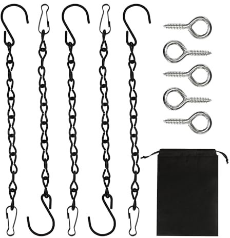NyxSeat 5 catene in acciaio nero con 5 ganci a vite, 1 sacchetto nero in tessuto non tessuto, con gancio a S e moschettone, gancio per catena in metallo, catena per fiori