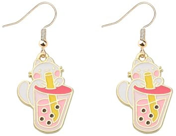 MYSOMY Blasen-Tea-Katzen-Ohrringe, Kawaii-Katzen-Ohrringe, Katzenliebhaber, Schmuck, Katzenliebhaber, Geschenk, Blasenmilch, Tee-Liebhaber, Geschenke, 2.4INCHES, Edelstahl