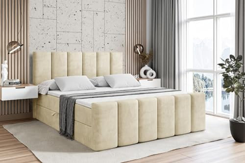 ALTDECOR Boxspringbett mit Matratze und Lattenrost, Boxbett, Topper, Fußteil, Polsterbett mit Bettkasten, Bett mit Stauraum H3-Matratze, Springboxbett - BOXI1-Z - 200x200 - Beige Monolith 04