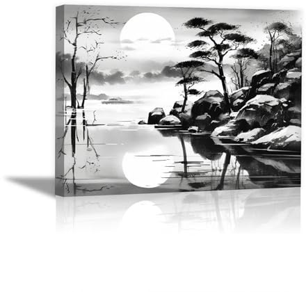 JOSUE Tableau Design Moderne Noir Et Blanc Lune d’encre Tableau Decoration Sur Toile,Noir, gris Peinture Image Tableau Salon DéCoration Murale- 75x115cm Encadrée
