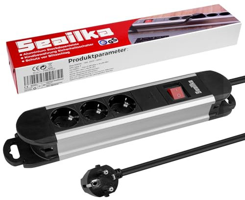 Seailka Aluminium Steckdosenleiste 3-Fach mit Schalter und Überspannungsschutz (3680W 16A), 1.5m Kabel, Mehrfachstecker Wandmontage mit Berührungsschutz
