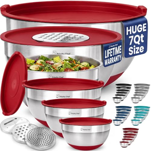 Priority Chef 6pc Stainless Steel Mixing Bowls with Lids Set, 7 Qt, Red | Non-Slip Nesting Bowls, 3 Graters and Interior Measurement Marks; For Meal Prep, Baking and Airtight Fridge Storage