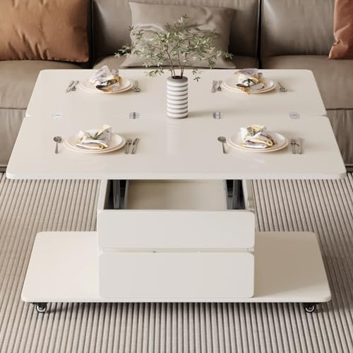 Table basse multifonctionnelle 3 en 1 avec plateau relevable, table basse extensible avec compartiment caché, table centrale, table de salle à manger pliante pour salon, salle à manger, petit espace