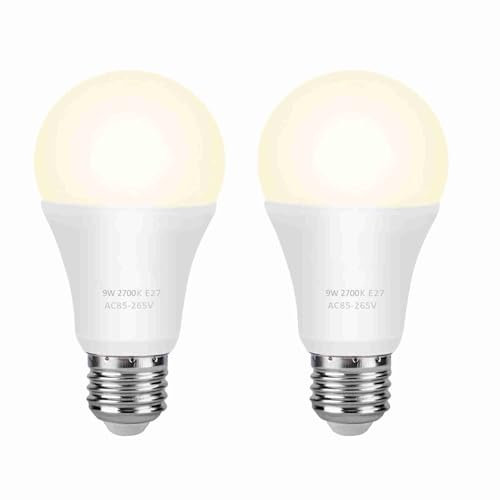 Bombillas LED E26 E27, 2 Unidades de 9 W, 600 LM, 2700 K, Luz Blanca Cálida, Equivalente a Bombillas Incandescentes de 60 W, Se Apaga Automáticamente con Sensor de Luz para