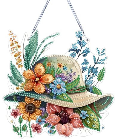 CXINLky DIY Diamond Painting Anhänger mit Kette, Diamant Painting Bilder, Kreatives 5D Diamond Malerei Wandbehang Kits für Fenster Wand Eingang Garten Decor-03-Blumenhut
