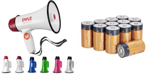 Pyle Audio Megafon, 20 W, Weiß, S & Amazon Basics Everyday C-Alkalisch batterien, 1,5 V, 12 Stück (Aussehen kann variieren)