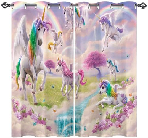 ANHOPE Regenbogen Einhorn Blume Vorhänge mit Ösen Blickdichte Gardinen Thermo Vorhang Blackout Curtain Schlafzimmer Wohnzimmer Kinder Mädchen Verdunklungsvorhänge 2er Set H 160 x B 132 cm