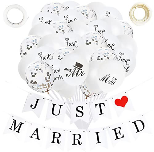 Just Married Hochzeit Deko Set, 10 weiße Latexballons, 10 Paillettenballons, 10 Just Married Luftballons, MR und MRS Zeichen, 1 Just Married banner Set, Hochzeit Dekoration Standesamt Deko