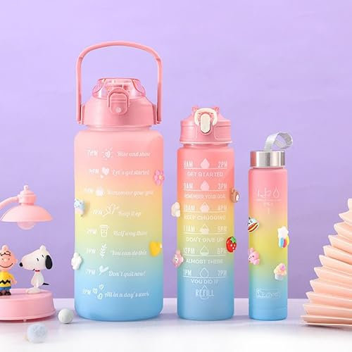 TORCHIT Set of 3 Water Bottle 2000ML, 900ML, 300ML with Motivational Time Marker, Leakproof Durable Sipper Water bottle for office, School, gym (SKY+PINK)