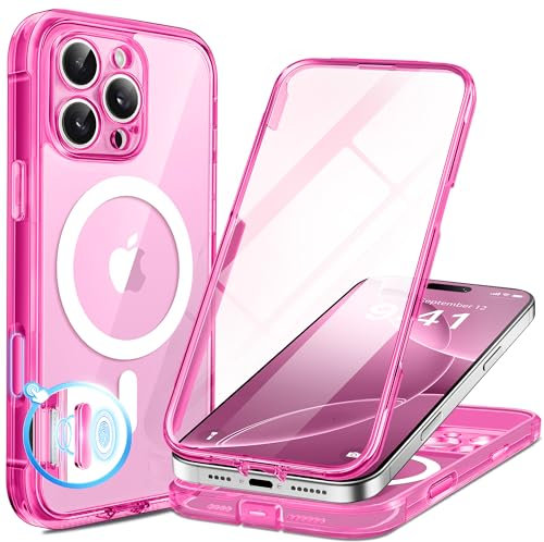 BERFY Magnetic for iPhone 16 Pro Max Case, Compatible with MagSafe, [Built-in 9H Tempered Glass Screen Protector & Upgraded Camera Protection] Full Body Shockproof Phone case for 16 ProMax，Bright Pink