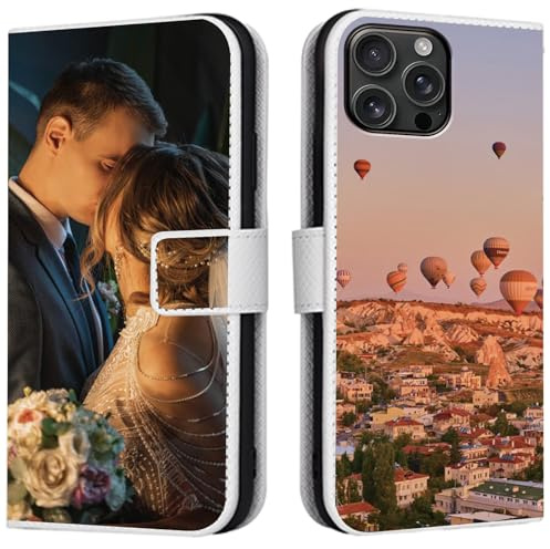 CAXKJE Personalised Photo Phone Case for iPhone 16 Pro,Design Your Own Photo Image,Text Phone Case,PU Leather Flip Cover Wallet Case Anti Drop Personalised Case -SAMHD-White