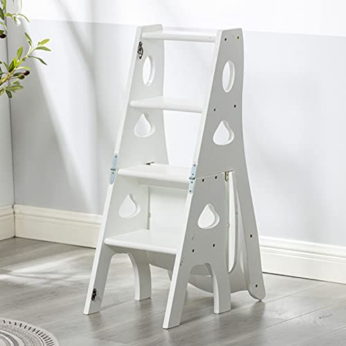 Step Stool, Folding Stepladder Foot Stools Foot stool 4 Step Ladder Chair Wooden White,Foldable Step Stool Non-Slip Compact Stepladder Stairs Chair Bookshelf |Plant Stand |Dinner Chairs for