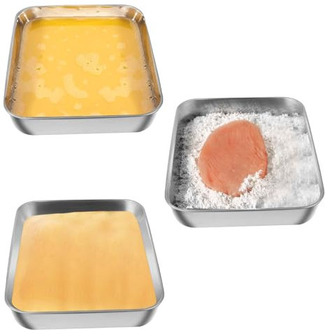 MOKIDO Panierschalen Set 3 Teilig, 25 x 19 x 5 cm Panierstraße Schnitzel, Edelstahl Panier-Set, Edelstahl Schale Rechteckig, Schale zum Panieren für Fisch, Fleisch und Gemüse