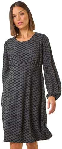 Roman Originals Women Gathered Chest Dress Ladies Stretchy Fit & Flare Swing Tea A Line Skater Knee Length Long Sleeve Midi Smart Casual Work Going Out Cocktail Party - Dark Grey Noir - Size 12