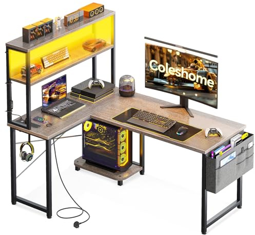 Coleshome L Shaped Gaming Desk with LED Lights & Power Outlet, 115 × 80 cm Reversible Computer Desk with Shelves, Corner Desks with Storage Bag & Hook for Home Office, Grey
