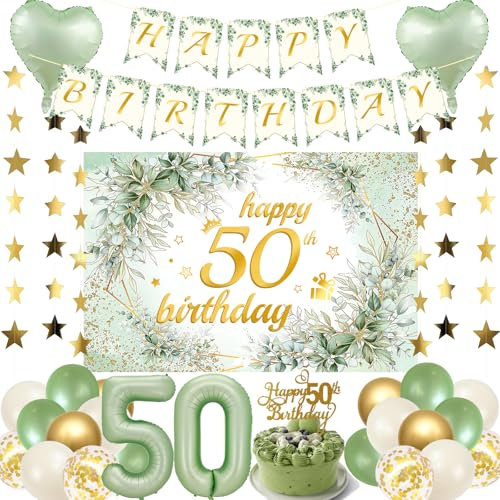 50th Birthday Party Decorations Sage - Green Gold Birthday Decorations Balloons Banner Gold Cupcake Topper Latex Balloons Star Hanging Swirl Background Cloth For Birthday Party Graduation Party