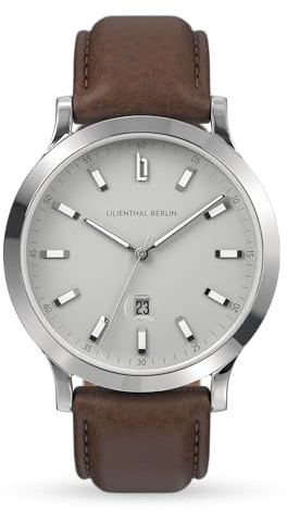 Lilienthal Berlin Herrenuhr Huxley II in Alabaster White – Armbanduhr am dunkelbraunen Leder-Armband – aus 316L Chirurgenstahl mit einem Quarzuhrwerk & saphirgehärtetem Mineralglas – 40 mm