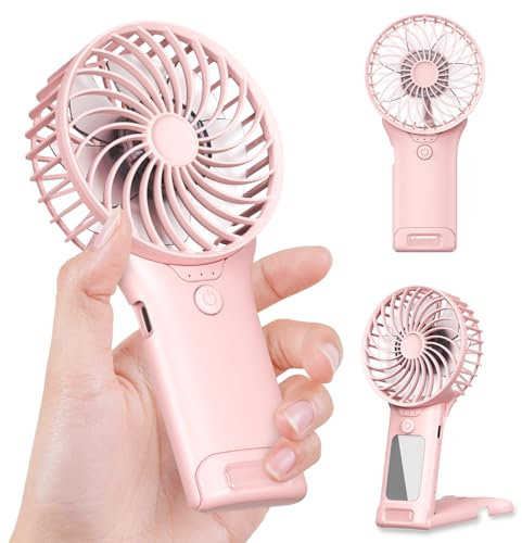 GEHEN Portable Pocket Fan, USB Rechargeable, Mini Fan with Mirror, 4 Gear Wind, Up to 15 Hours, Hand Fan with Powerful Cooling for Travel/Summer/Concerts/Lash, Gifts for Women(Pink)