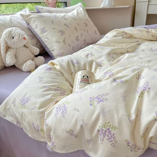 Michorinee Bettwäsche 155x220 Weiß Lila Blumen Blätter Pflanzenmuster Bettbezug Set 2 Teilig Blumenmuster Aesthetic Mikrofaser Weich ÖKO-TEX Bettwäsche-Sets mit Kissenbezüge 80x80cm und Reißverschluss