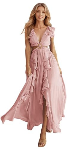 HEYPORK Damen Frühling Sommer Kleider Lässig Bequem Kleid Modern Elegant Röcke Frauen Slim Rückenfreies Kleid V-Ausschnitt Gerafften Schlitz Langen Rock(Rosa, XL)