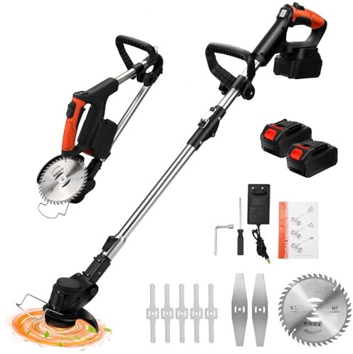 Debroussailleuse Electrique sans Fil, Débroussailleuse à Gazon Pliable avec 2 Batteries et 3 Types de Lames, Manche Télescopique, Tête Pivotante 90°, Débroussailleuse à Batterie pour Jardin Élagage