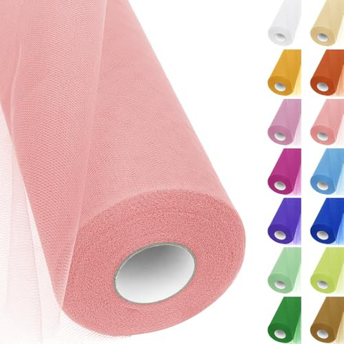 Uiopa Tulle Rose Clair 30cm x 91m Rouleau de Tulle Tissu en Polyester Ruban Mariage pour Tutu Jupe, Emballages Cadeaux, Noeud de Chaise, Deco Mariage/Fête, Bricolage
