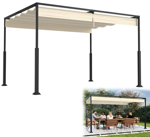 YRHome Pergola, 3 x 4 m, avec Schiebedac, en acier et polyester, imperméable et résistant à l'hiver, toit de terrasse autoportant, avec colonnes métalliques robustes, protection solaire, pour terrasse