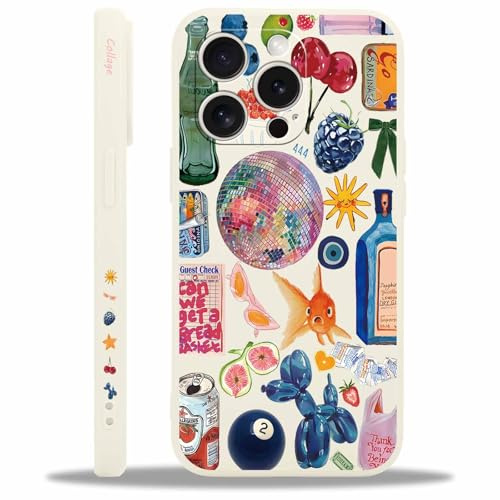 Krdvekm Handyhülle für iPhone 15 Pro Max Hülle 6,7, Aesthetic Summer Collage Muster Motiv Design für Mädchen Schutzhülle Kameraschutz Stoßfest Weiche Bunt Silikon TPU Bumper Case, Cremeweiß
