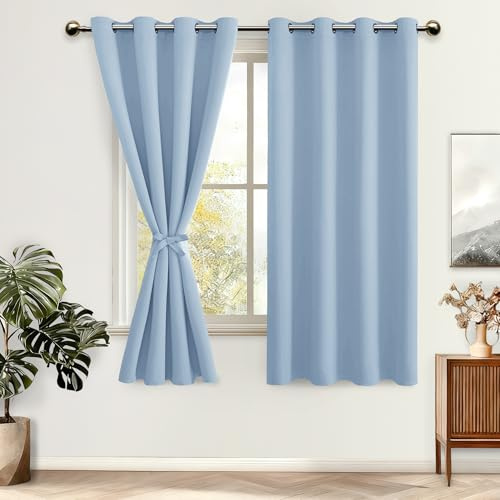DWCN Verdunklungsvorhänge mit Ösen Blickdicht Vorhänge mit Raffhalter | Hell Blau, H175 x B140 cm, 2 Stücke Thermovorhang Kälteschutz Gardinen Wohnzimmer Schlafzimmer Wärmeisolierend