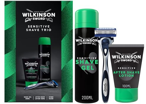 Wilkinson Sword Sensitive Shave Trio Christmas Gift Set for Men – Includes Hydro 5 Razor, Sensitive Shave Gel & Aftershave Lotion – Mens Grooming Kit