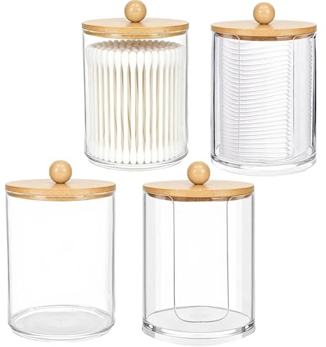 Rthynti 4 Pack Cotton Pad Holder, Qtip Holder Dispenser with Wooden Cover, Bathroom Canister Storage Organization for Cosmetics Cotton Swabs and Cotton Pads