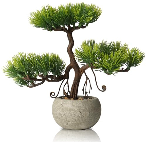 HPNIUB Artificial Beauty Pine Tree Potted with Stone Pot Bonsai Tree Faux Plants Desk Plant Realistic Greenery Decor for Home Bedroom Desk Bathroom Office 25x26x24CM