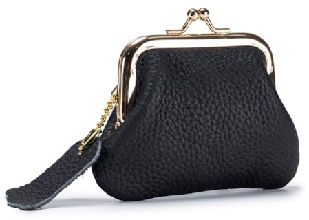 AprinCtempsD Petit Porte-Monnaie Femme en Cuir Véritable avec Fermoir à Clip Kiss Lock Portefeuille Mini pour Bijoux Écouteurs Clés (Noir)
