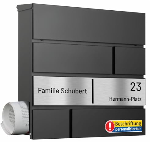 AL Briefkastensysteme Laser-Line 1er Briefkasten personalisiert mit Namen + Hausnummer - Postkasten Anthrazit RAL 7016 modern mit Zeitungsfach Gravur & Absenkautomatik für Wand- & Zaunbriefkasten