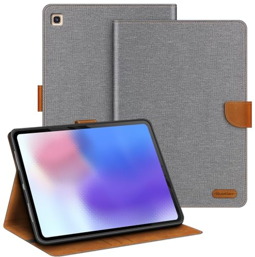 Housse en Tissu et Cuir pour Galaxy Tab S5e 4G - Gris | 10.5 2019 Housse flip en tissu Oxford avec coque intérieure en TPU, support intégré et porte-cartes