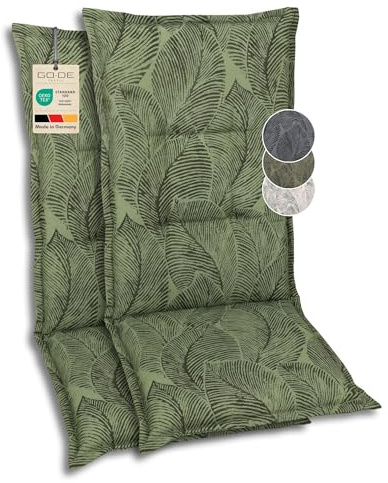 GO-DE Textil Bequeme und attraktive Polsterauflagen für Hochlehner-Gartenstühle (2er-Set, Blattmotiv groß grün, Hochlehner)
